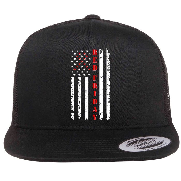 Red Friday Distressed Ribbon US Flag Support Veterans Flat Bill Trucker Hat