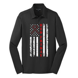 Red Friday Distressed Ribbon US Flag Support Veterans Silk Touch Performance Long Sleeve Polo