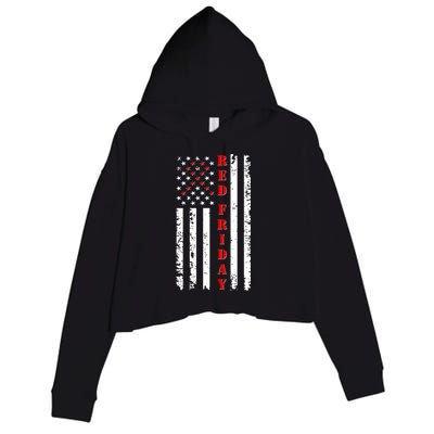 Red Friday Distressed Ribbon US Flag Support Veterans Crop Fleece Hoodie