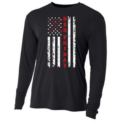 Red Friday Distressed Ribbon US Flag Support Veterans Cooling Performance Long Sleeve Crew