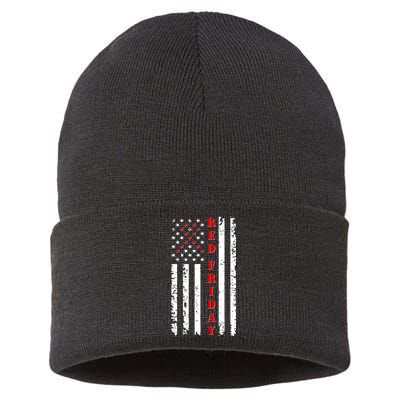 Red Friday Distressed Ribbon US Flag Support Veterans Sustainable Knit Beanie