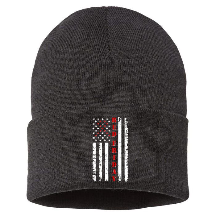 Red Friday Distressed Ribbon US Flag Support Veterans Sustainable Knit Beanie