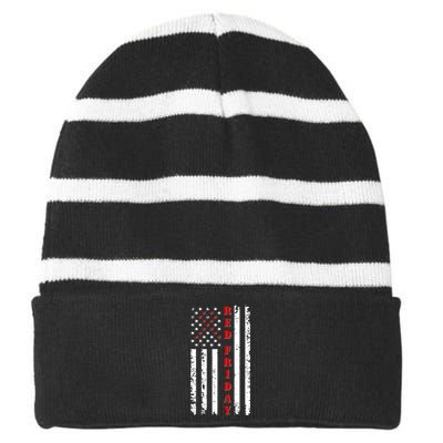 Red Friday Distressed Ribbon US Flag Support Veterans Striped Beanie with Solid Band