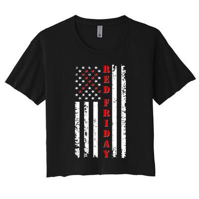 Red Friday Distressed Ribbon US Flag Support Veterans Crop Top