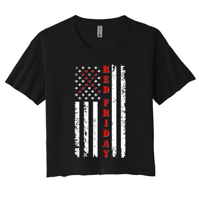 Red Friday Distressed Ribbon US Flag Support Veterans Crop Top