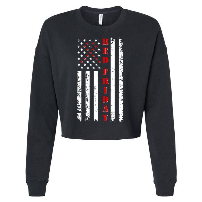 Red Friday Distressed Ribbon US Flag Support Veterans Cropped Pullover Crew