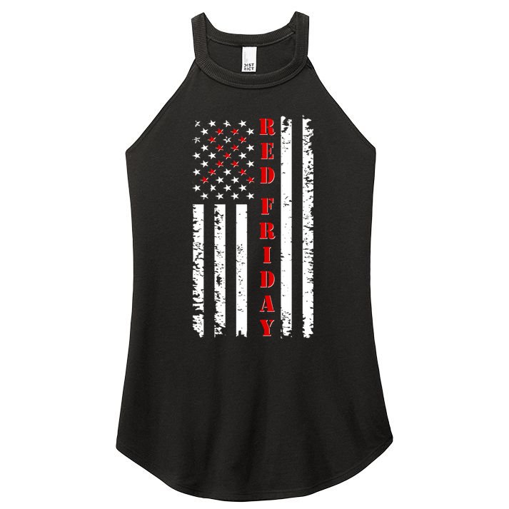 Red Friday Distressed Ribbon US Flag Support Veterans Women's Perfect Tri Rocker Tank