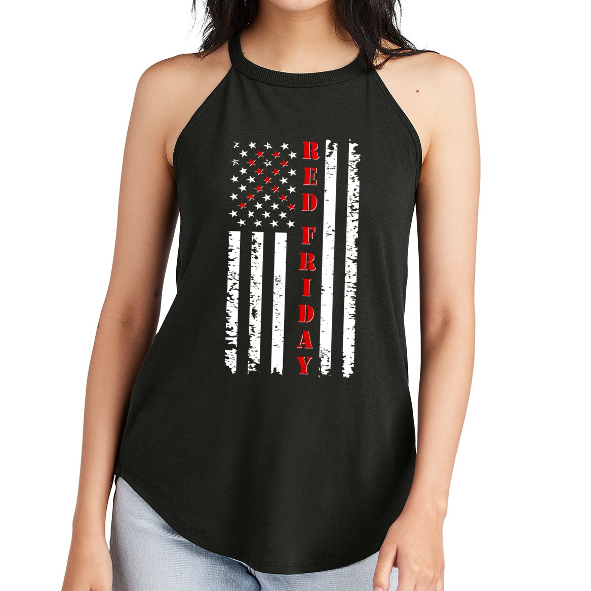 Red Friday Distressed Ribbon US Flag Support Veterans Women's Perfect Tri Rocker Tank