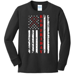 Red Friday Distressed Ribbon US Flag Support Veterans Kids Long Sleeve Shirt