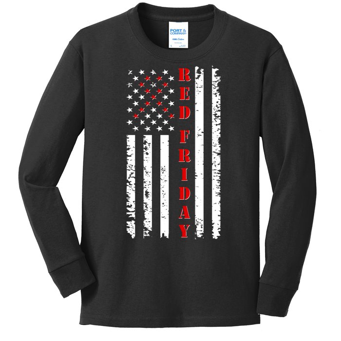 Red Friday Distressed Ribbon US Flag Support Veterans Kids Long Sleeve Shirt