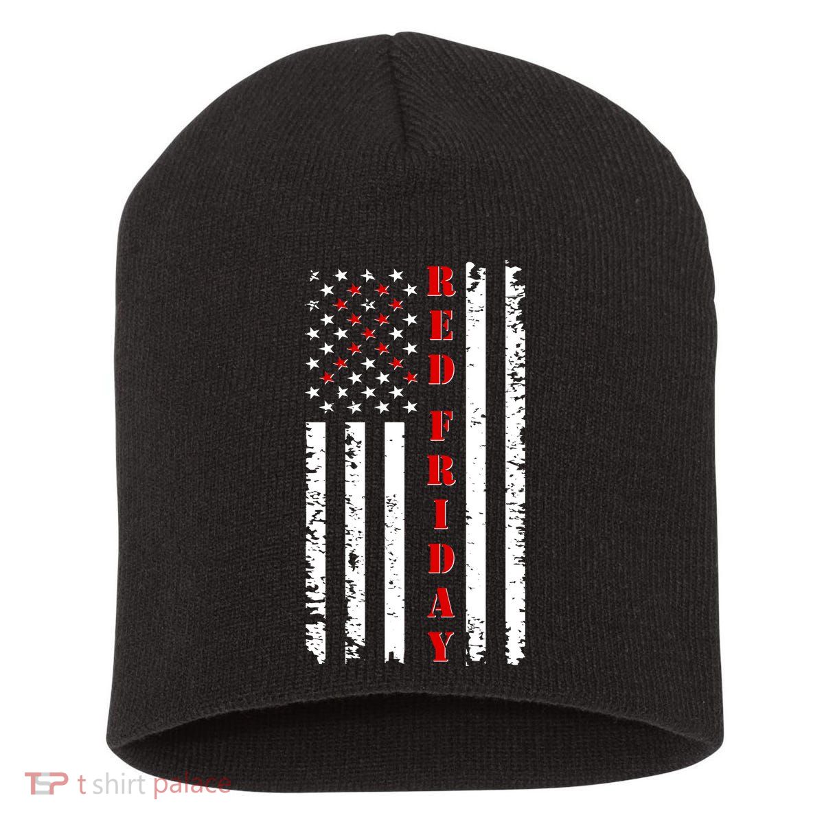 Red Friday Distressed Ribbon US Flag Support Veterans Short Acrylic Beanie