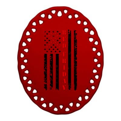 Red Friday Distressed Ribbon US Flag Support Veterans Ceramic Oval Ornament