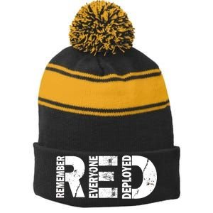 Red Friday Remember Everyone Deployed Stripe Pom Pom Beanie