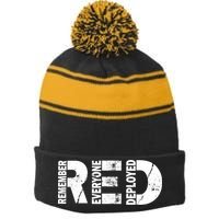 Red Friday Remember Everyone Deployed Stripe Pom Pom Beanie