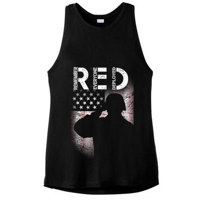 Red Friday Remember Everyone Deployed Flag Ladies PosiCharge Tri-Blend Wicking Tank