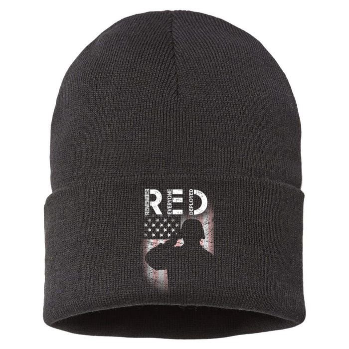 Red Friday Remember Everyone Deployed Flag Sustainable Knit Beanie