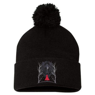 Red Hood Night Wolf Moon Crest Pom Pom 12in Knit Beanie