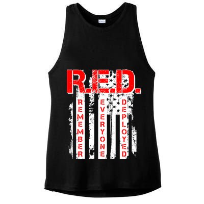 RED Remember Everyone Deployed Distressed Flag Ladies PosiCharge Tri-Blend Wicking Tank
