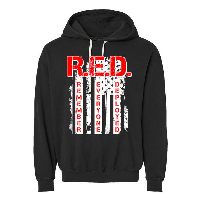 RED Remember Everyone Deployed Distressed Flag Garment-Dyed Fleece Hoodie