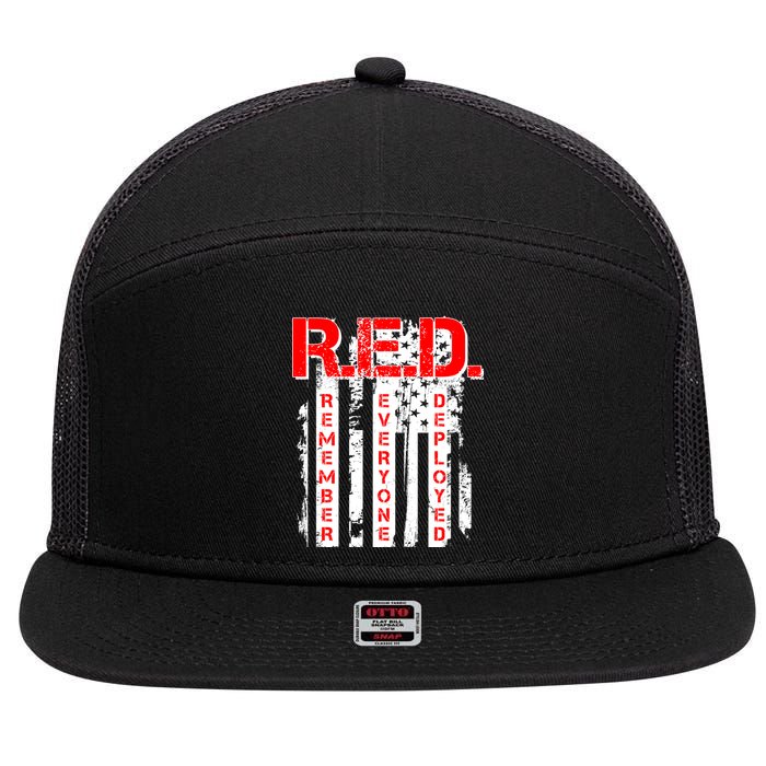 RED Remember Everyone Deployed Distressed Flag 7 Panel Mesh Trucker Snapback Hat