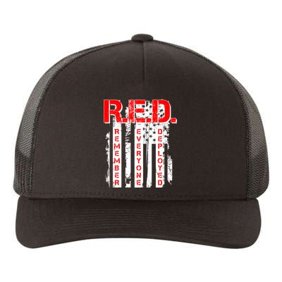 RED Remember Everyone Deployed Distressed Flag Yupoong Adult 5-Panel Trucker Hat