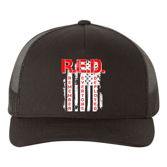 RED Remember Everyone Deployed Distressed Flag Yupoong Adult 5-Panel Trucker Hat