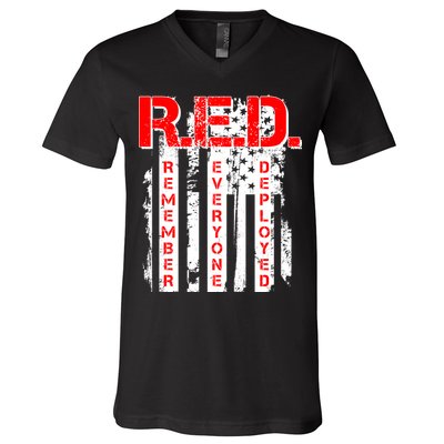 RED Remember Everyone Deployed Distressed Flag V-Neck T-Shirt