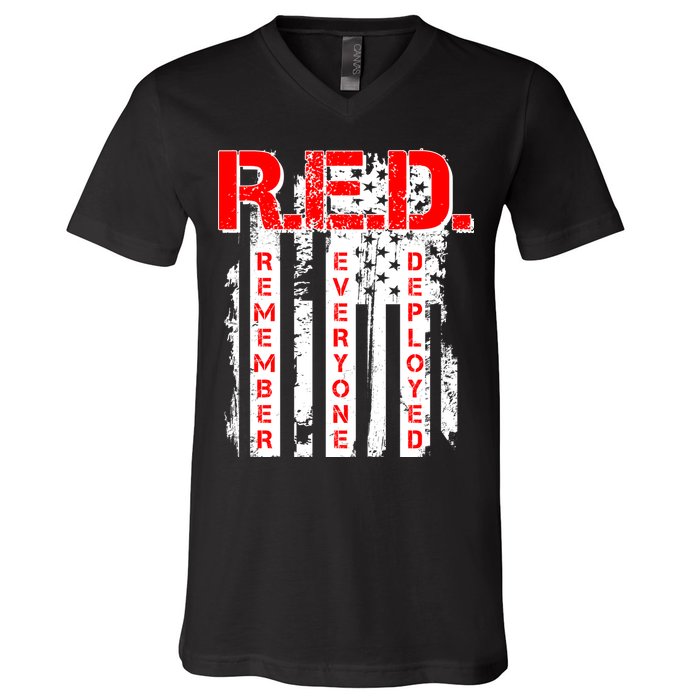 RED Remember Everyone Deployed Distressed Flag V-Neck T-Shirt