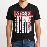 RED Remember Everyone Deployed Distressed Flag V-Neck T-Shirt