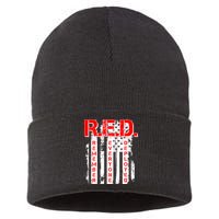 RED Remember Everyone Deployed Distressed Flag Sustainable Knit Beanie