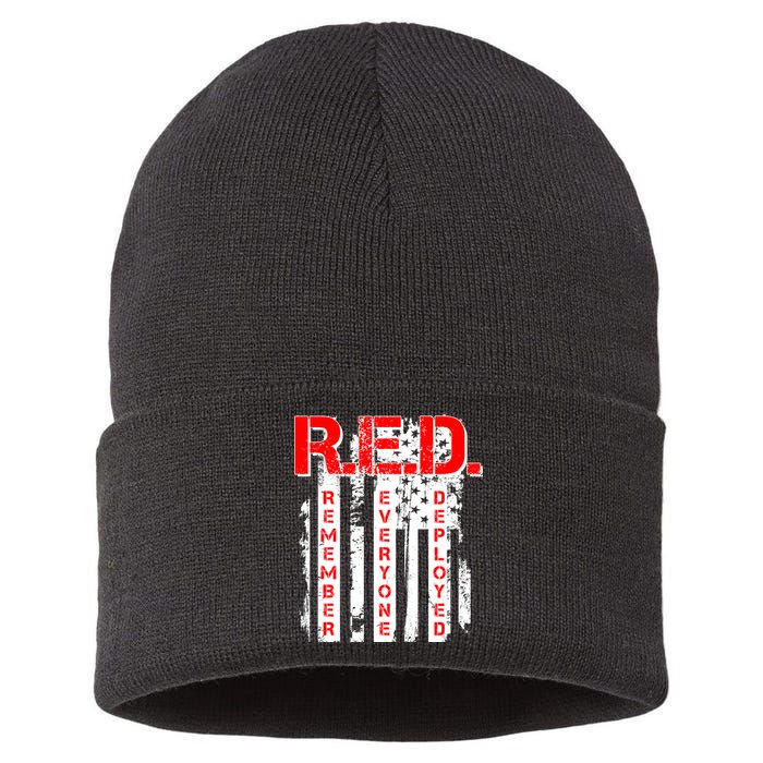 RED Remember Everyone Deployed Distressed Flag Sustainable Knit Beanie