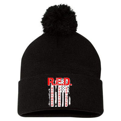 RED Remember Everyone Deployed Distressed Flag Pom Pom 12in Knit Beanie
