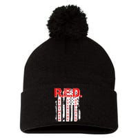 RED Remember Everyone Deployed Distressed Flag Pom Pom 12in Knit Beanie