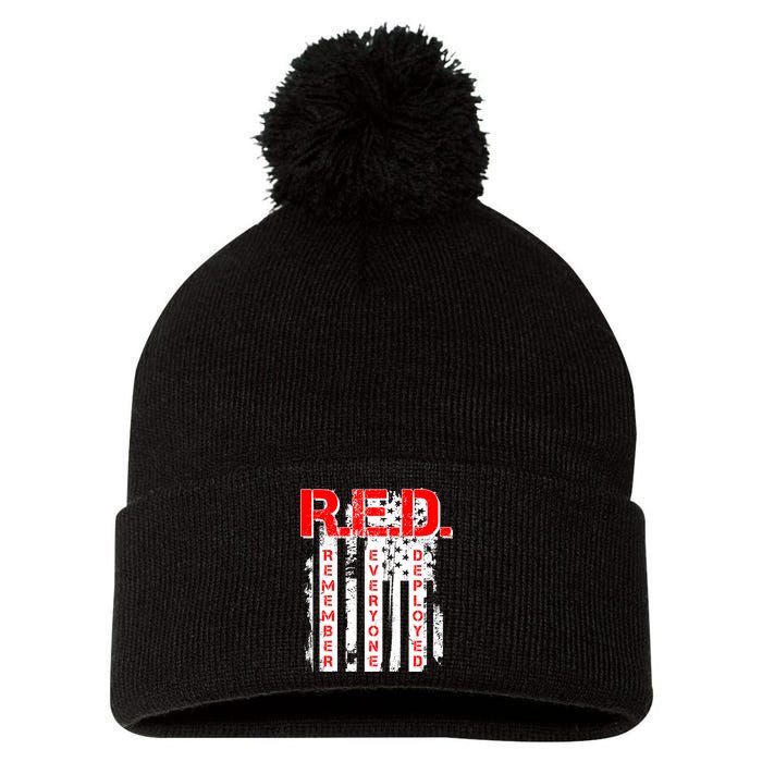 RED Remember Everyone Deployed Distressed Flag Pom Pom 12in Knit Beanie