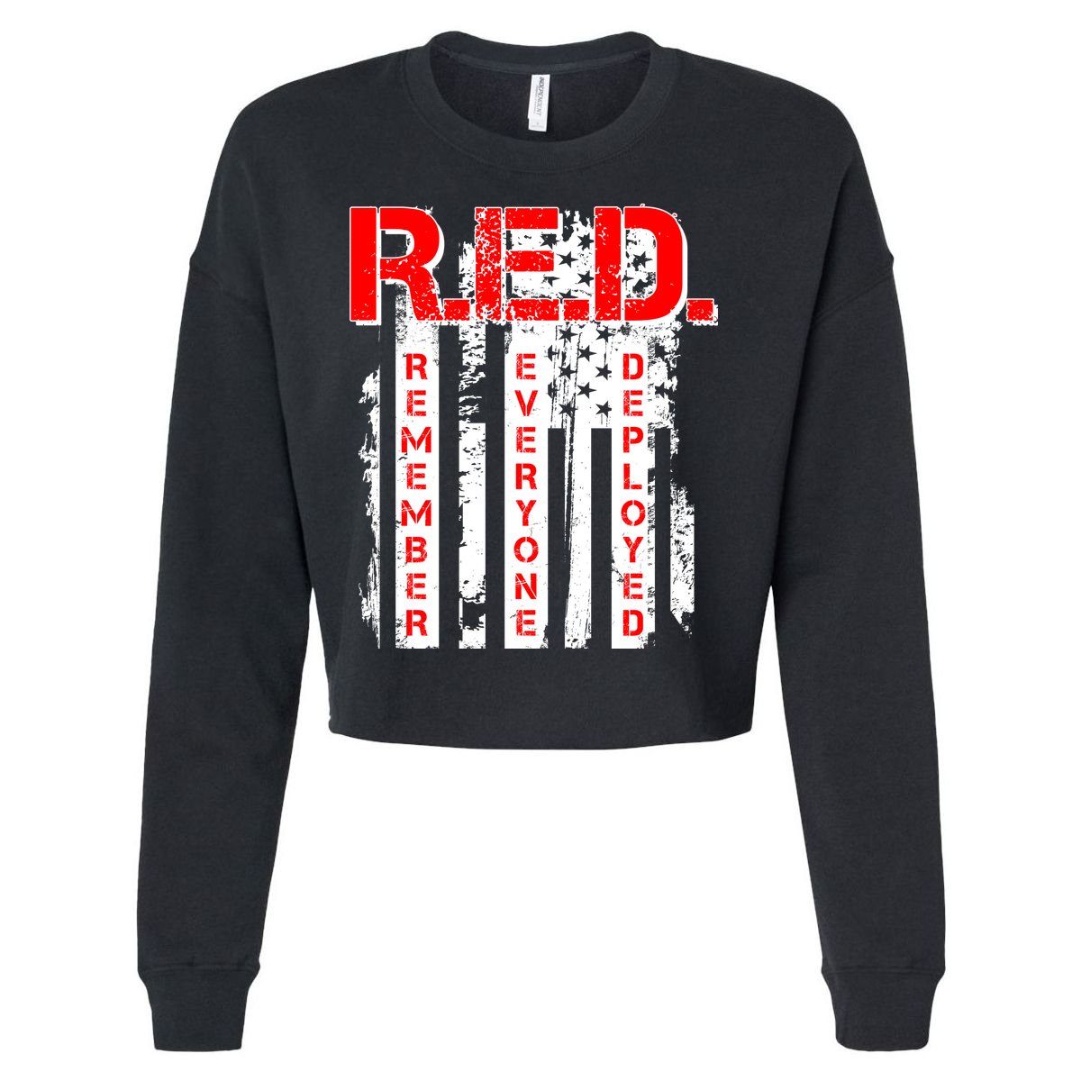 RED Remember Everyone Deployed Distressed Flag Cropped Pullover Crew