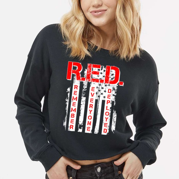 RED Remember Everyone Deployed Distressed Flag Cropped Pullover Crew