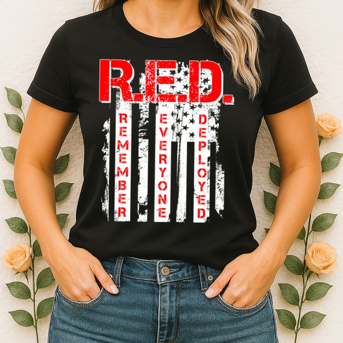 RED Remember Everyone Deployed Distressed Flag Womens T-Shirt