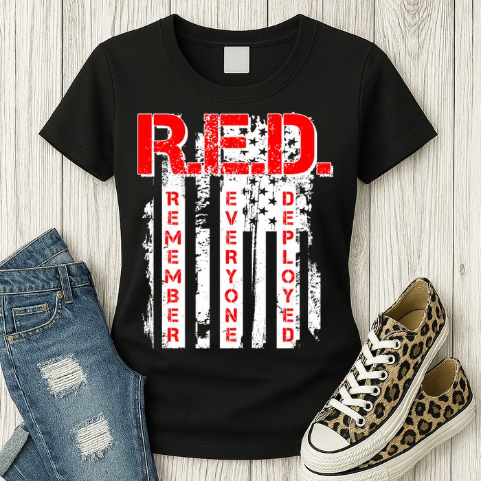 RED Remember Everyone Deployed Distressed Flag Womens T-Shirt