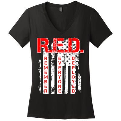 RED Remember Everyone Deployed Distressed Flag Women's V-Neck T-Shirt
