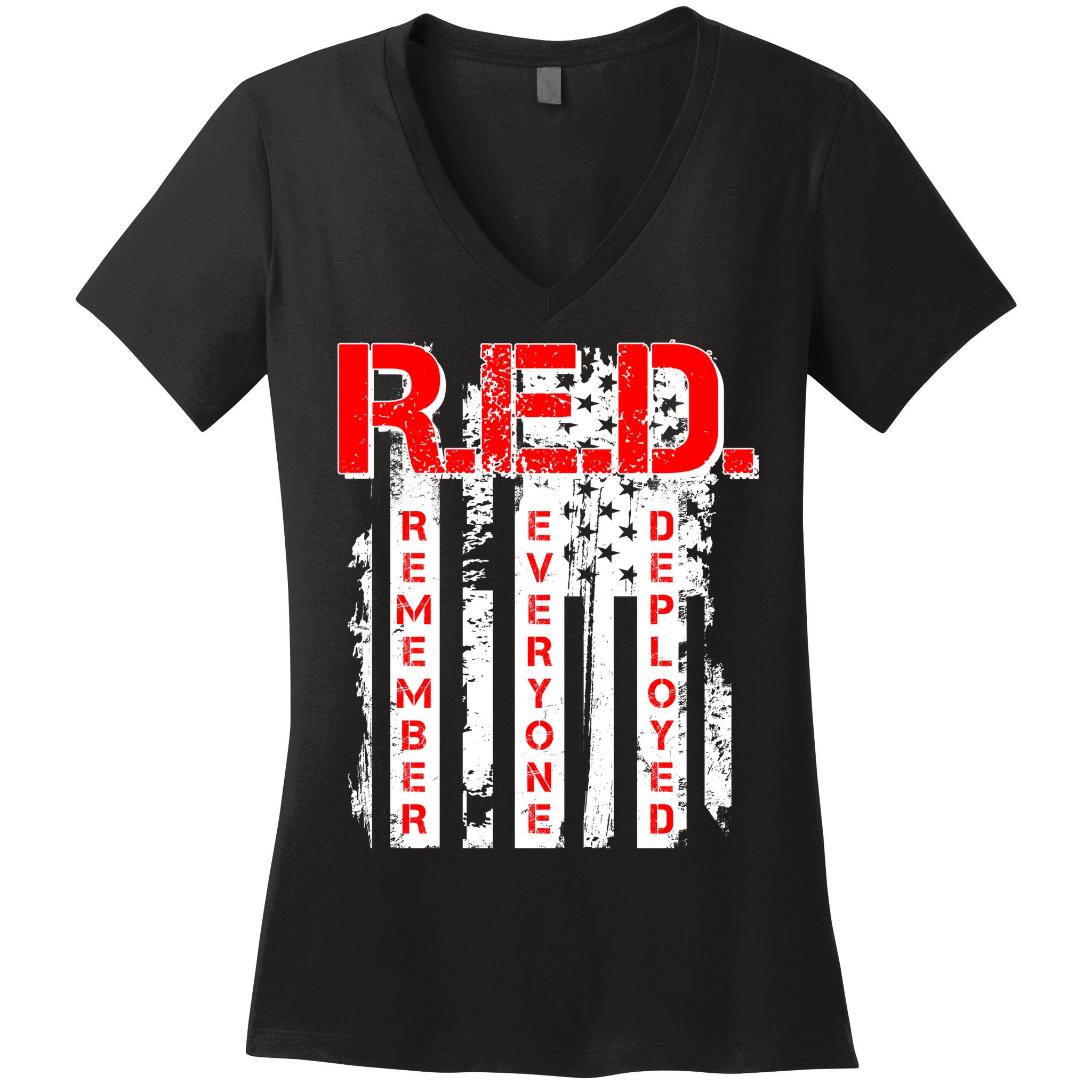 RED Remember Everyone Deployed Distressed Flag Women's V-Neck T-Shirt