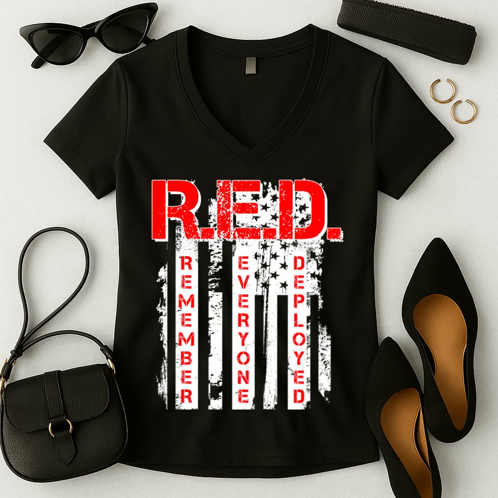 RED Remember Everyone Deployed Distressed Flag Women's V-Neck T-Shirt