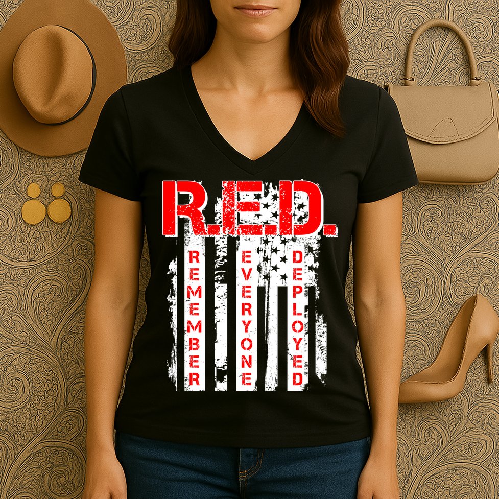 RED Remember Everyone Deployed Distressed Flag Women's V-Neck T-Shirt