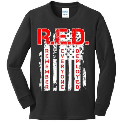 RED Remember Everyone Deployed Distressed Flag Kids Long Sleeve Shirt