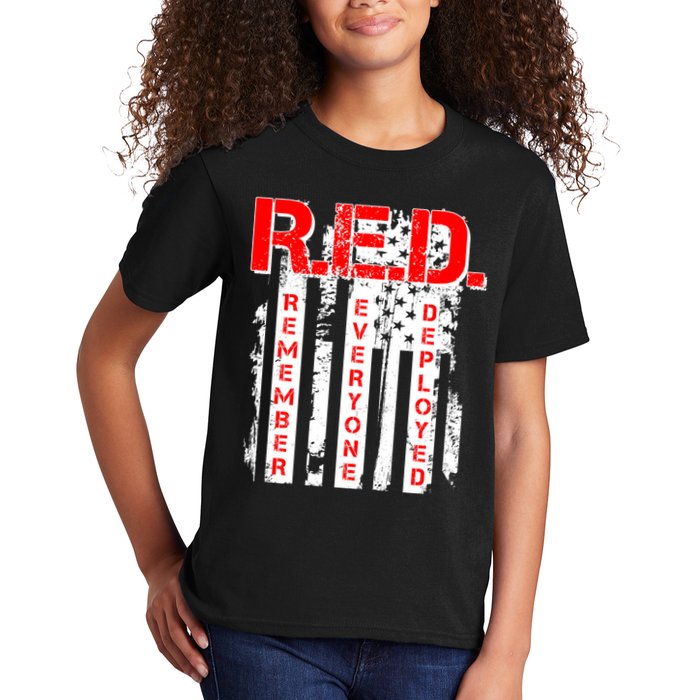 RED Remember Everyone Deployed Distressed Flag Kids T-Shirt