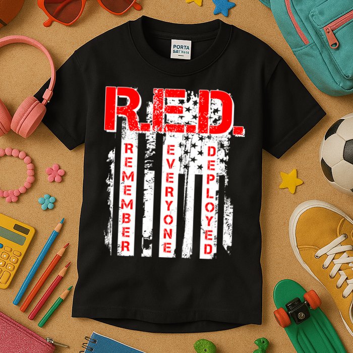 RED Remember Everyone Deployed Distressed Flag Kids T-Shirt