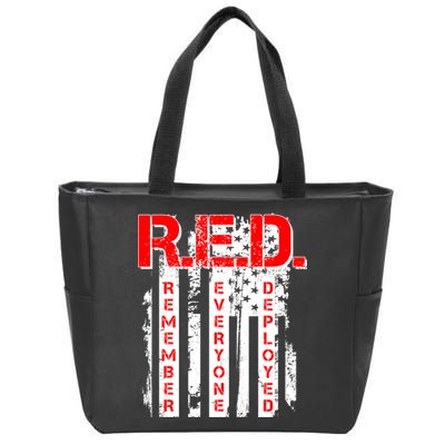 RED Remember Everyone Deployed Distressed Flag Zip Tote Bag