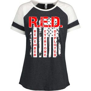 RED Remember Everyone Deployed Distressed Flag Enza Ladies Jersey Colorblock Tee