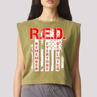 RED Remember Everyone Deployed Distressed Flag Garment-Dyed Women's Muscle Tee
