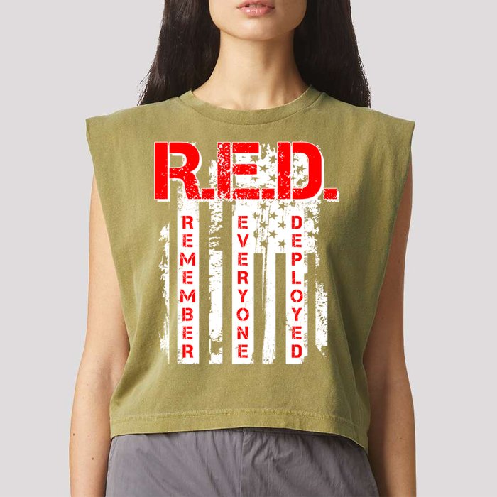 RED Remember Everyone Deployed Distressed Flag Garment-Dyed Women's Muscle Tee