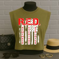 RED Remember Everyone Deployed Distressed Flag Garment-Dyed Women's Muscle Tee